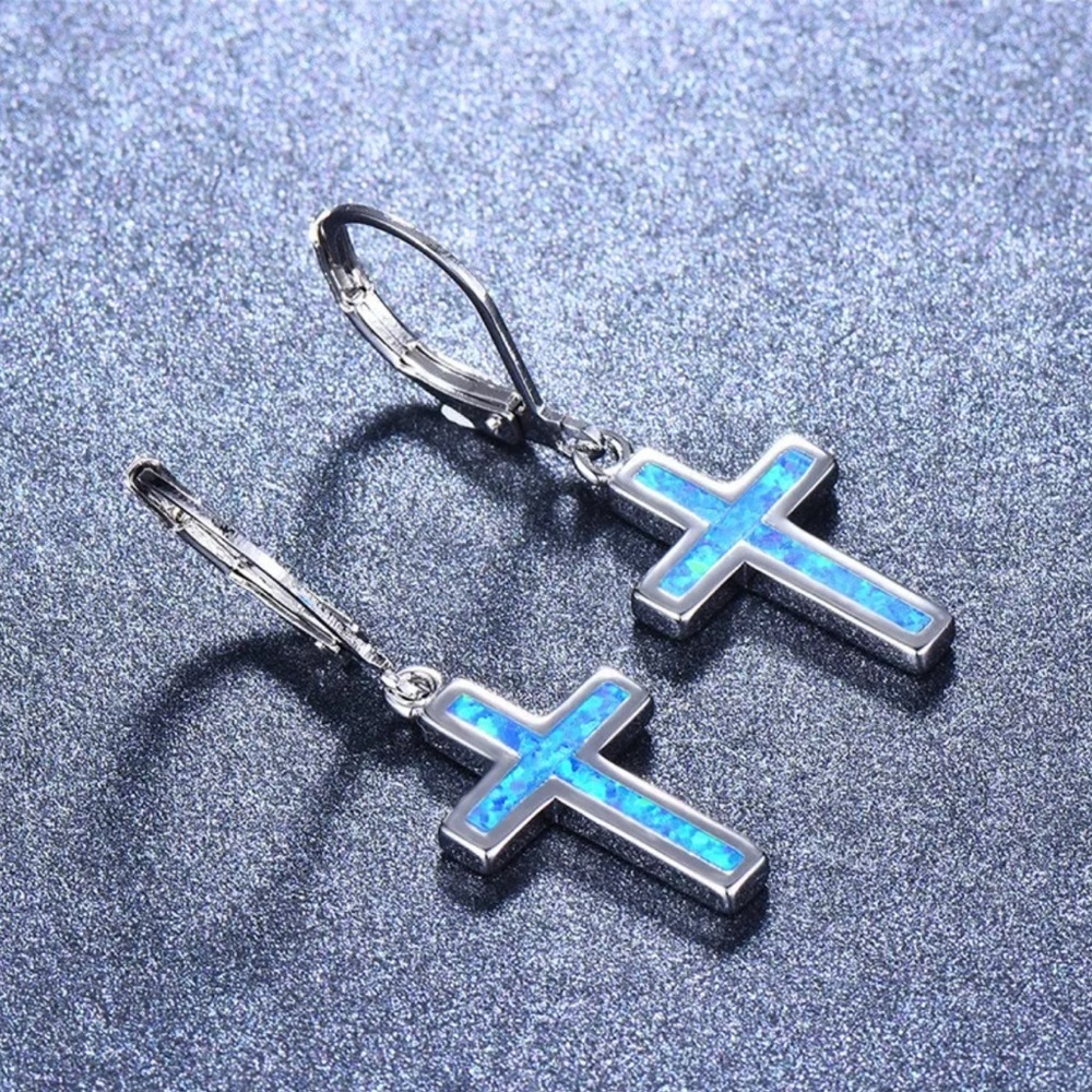 Shiny Opal & Silver Cross Pendant Earrings, Holy Land Jerusalem Catholic Charm